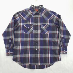 Ely Plains Shirt Mens Large Blue Black Plaid Long Sleeve Western Pearl Snap